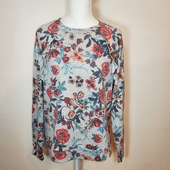 Signature Studio gray floral lightweight ruffled long sleeve sweatshirt small - Picture 3 of 14